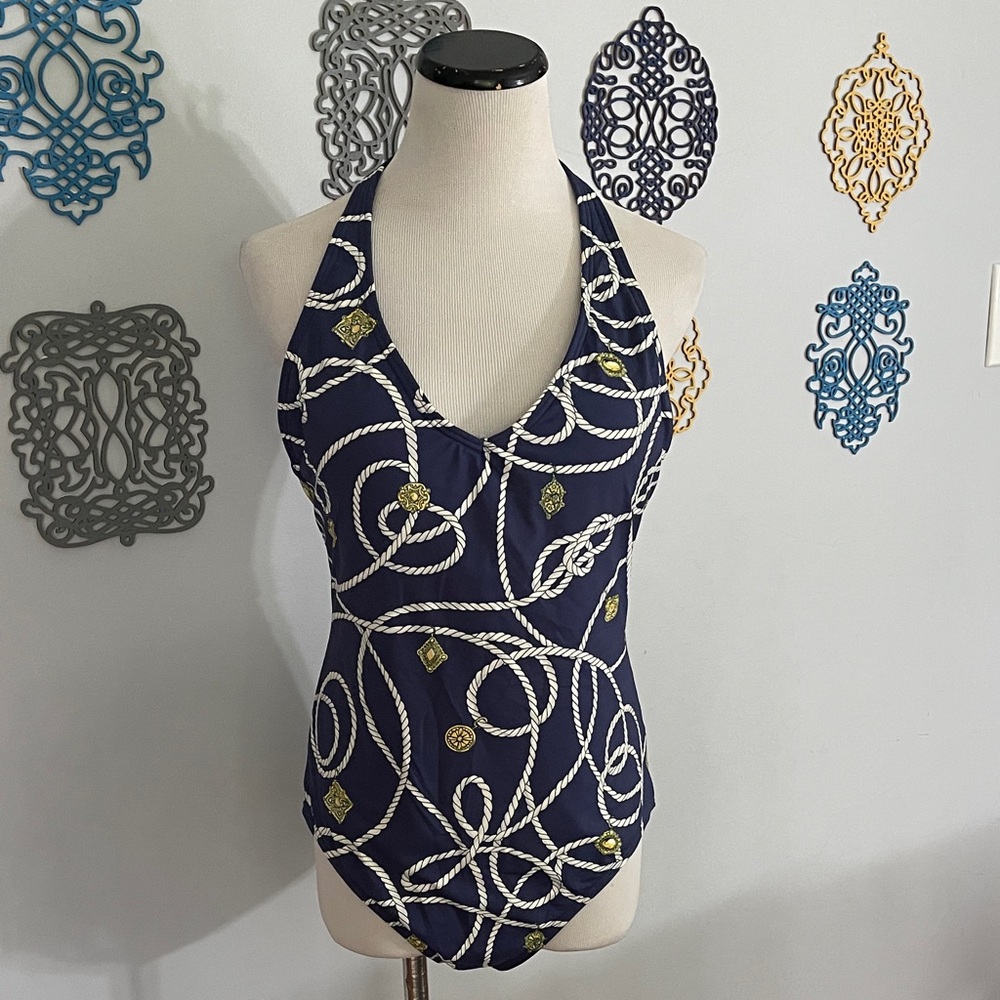 J. McLaughlin Navy and White One-Piece Swimsuit Nautical theme size 10 NWT
